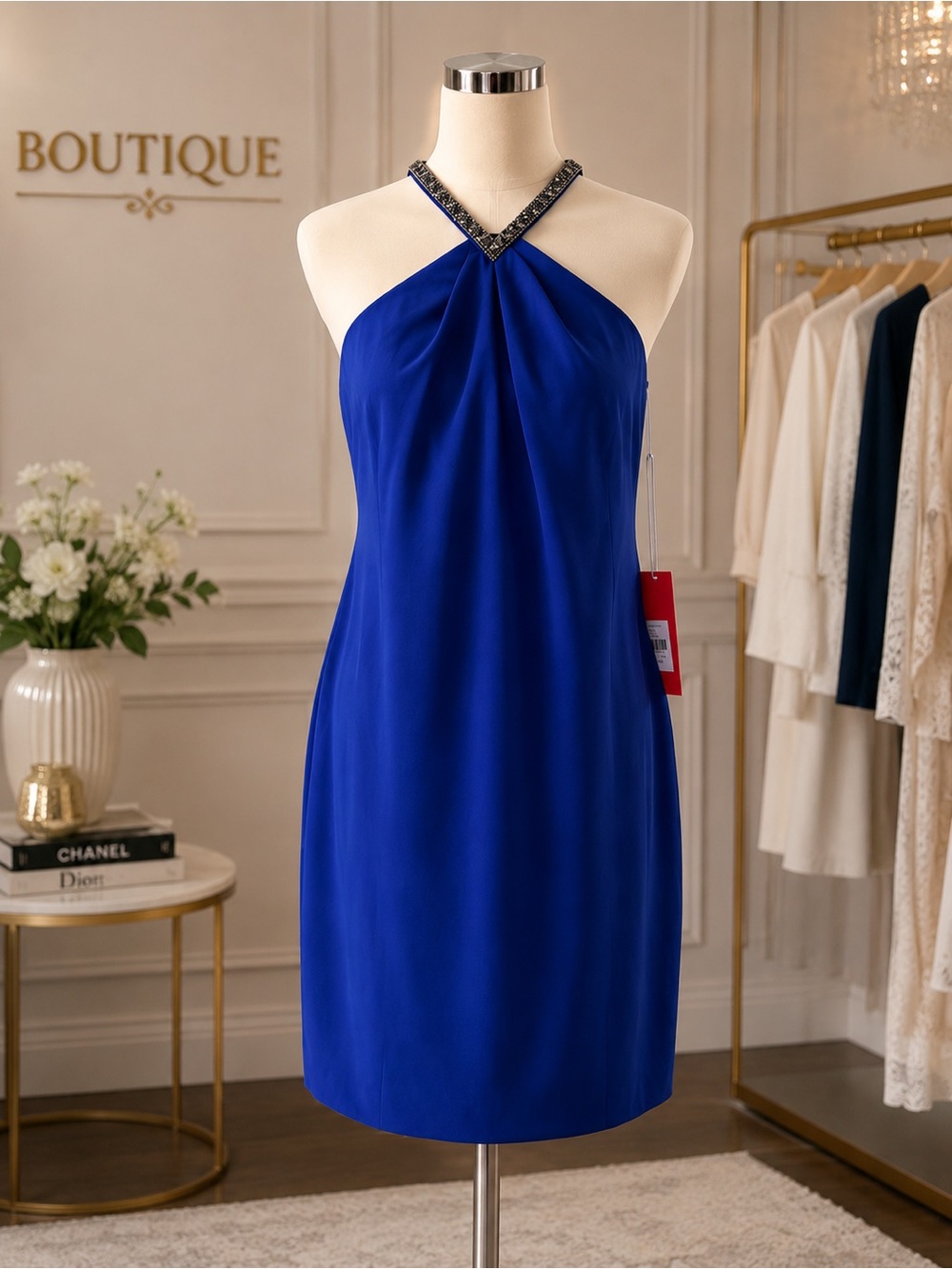 Carmen Marc Valvo Jewel-Neck Royal Blue Halter Mini Dress